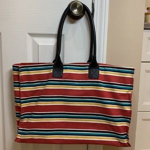 Chico’s Red/Multi Stripe Cotton/ Leather Tote Bag, EUC